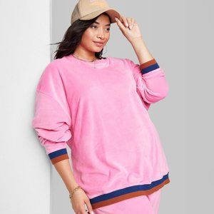Women's Plus Size Ascot + Hart Velour Graphic Pullover Sweatshirt Pink 1X